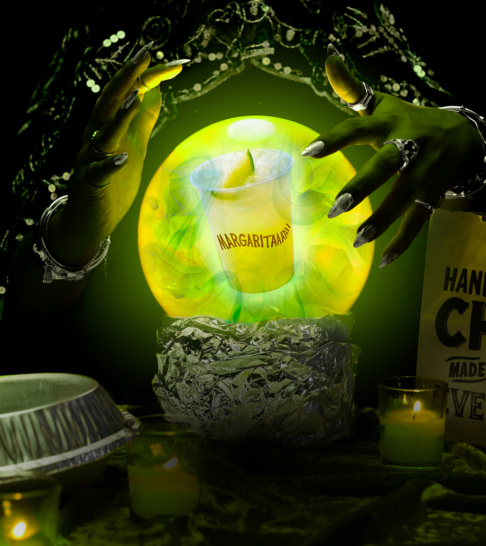 A delicious Chipotle Margarita floats within a crystal ball.
